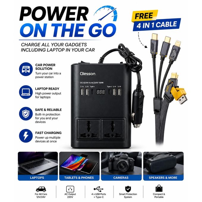 1662 Car Inverter Plus a Free 65W 4 in 1 charging Cable For gadgets including Laptop